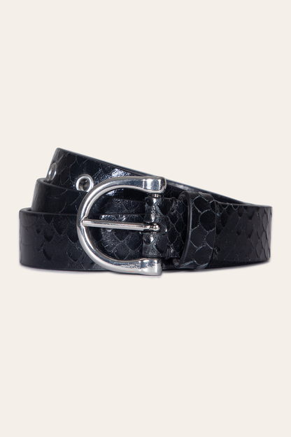 Frye Featured - Women’s Black Snake 25mm Horseshoe Buckle Belt With Python