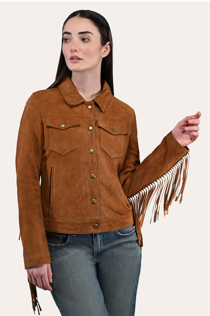 Frye Special Offer - Women’s Medium Brown Nash Fringed Suede Trucker Jacket