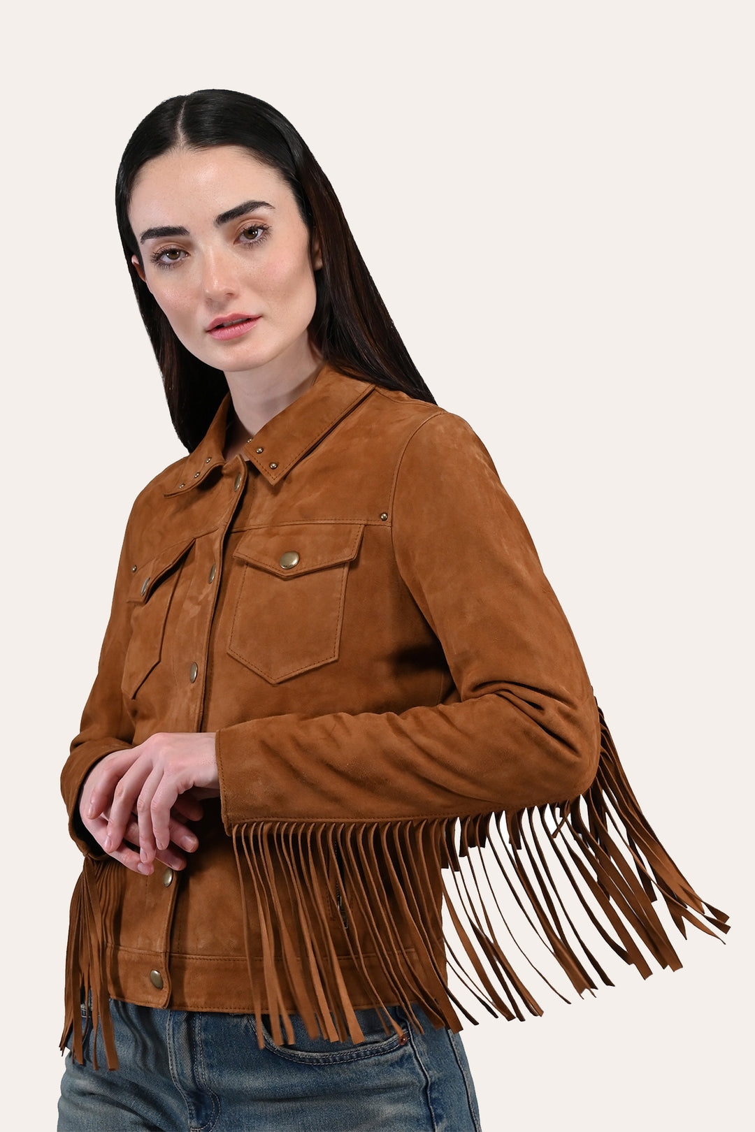 Frye Special Offer - Women’s Medium Brown Nash Fringed Suede Trucker Jacket