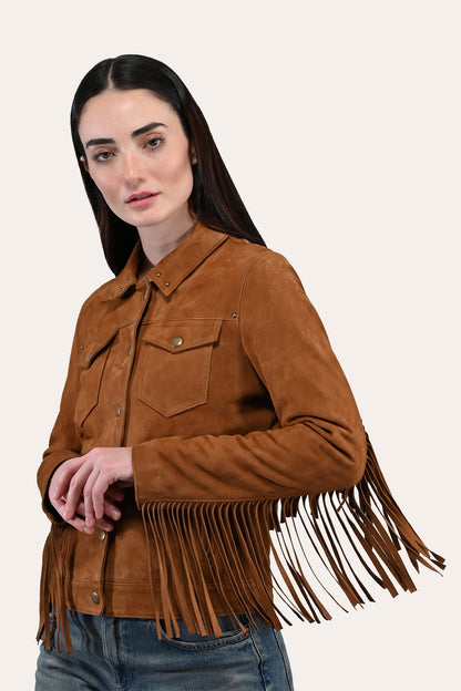 Frye Special Offer - Women’s Medium Brown Nash Fringed Suede Trucker Jacket