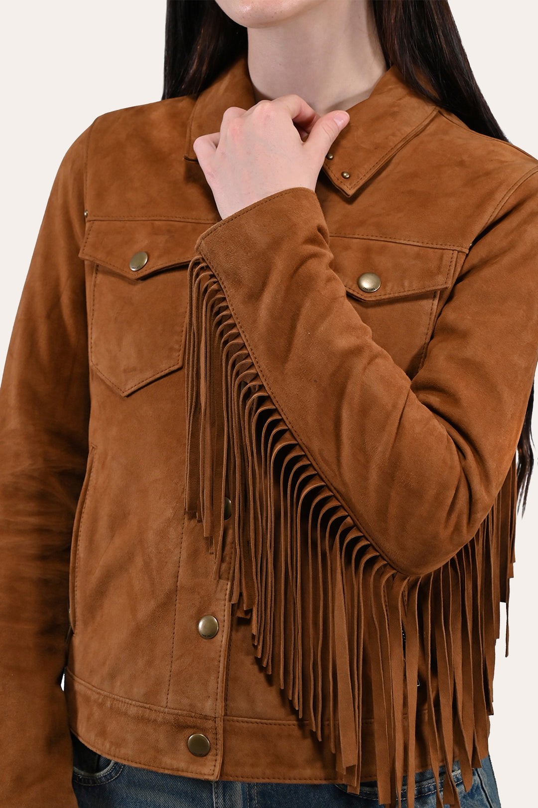 Frye Special Offer - Women’s Medium Brown Nash Fringed Suede Trucker Jacket