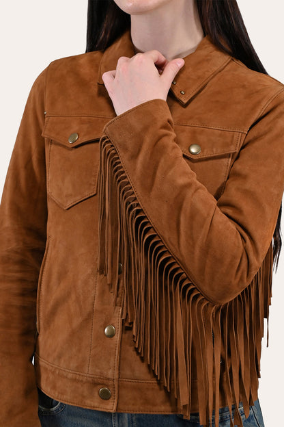 Frye Special Offer - Women’s Medium Brown Nash Fringed Suede Trucker Jacket