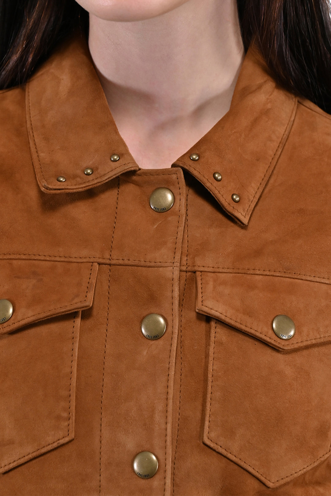 Frye Special Offer - Women’s Medium Brown Nash Fringed Suede Trucker Jacket