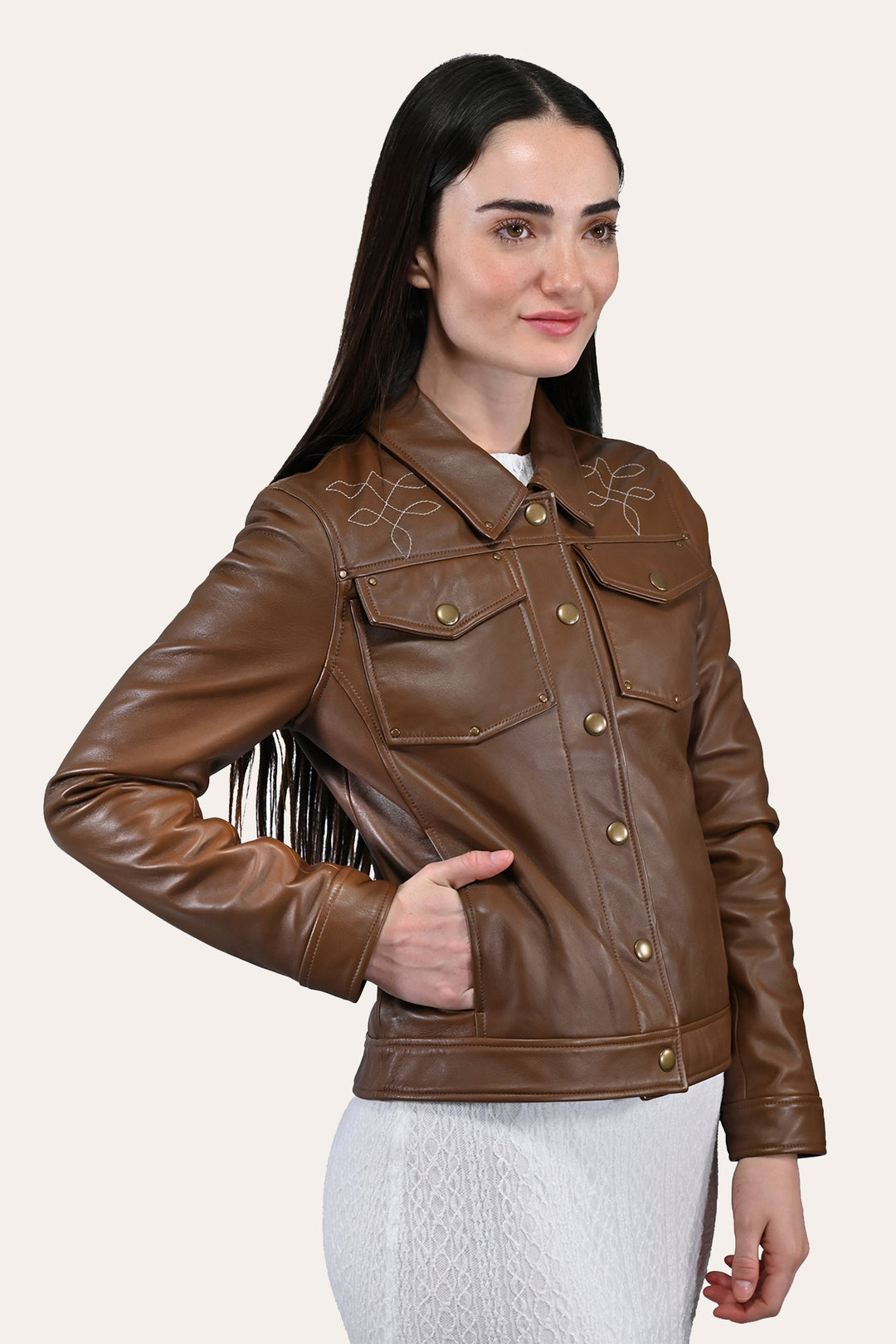 Frye Essential - Women’s Medium Brown Callum Trucker Leather Jacket