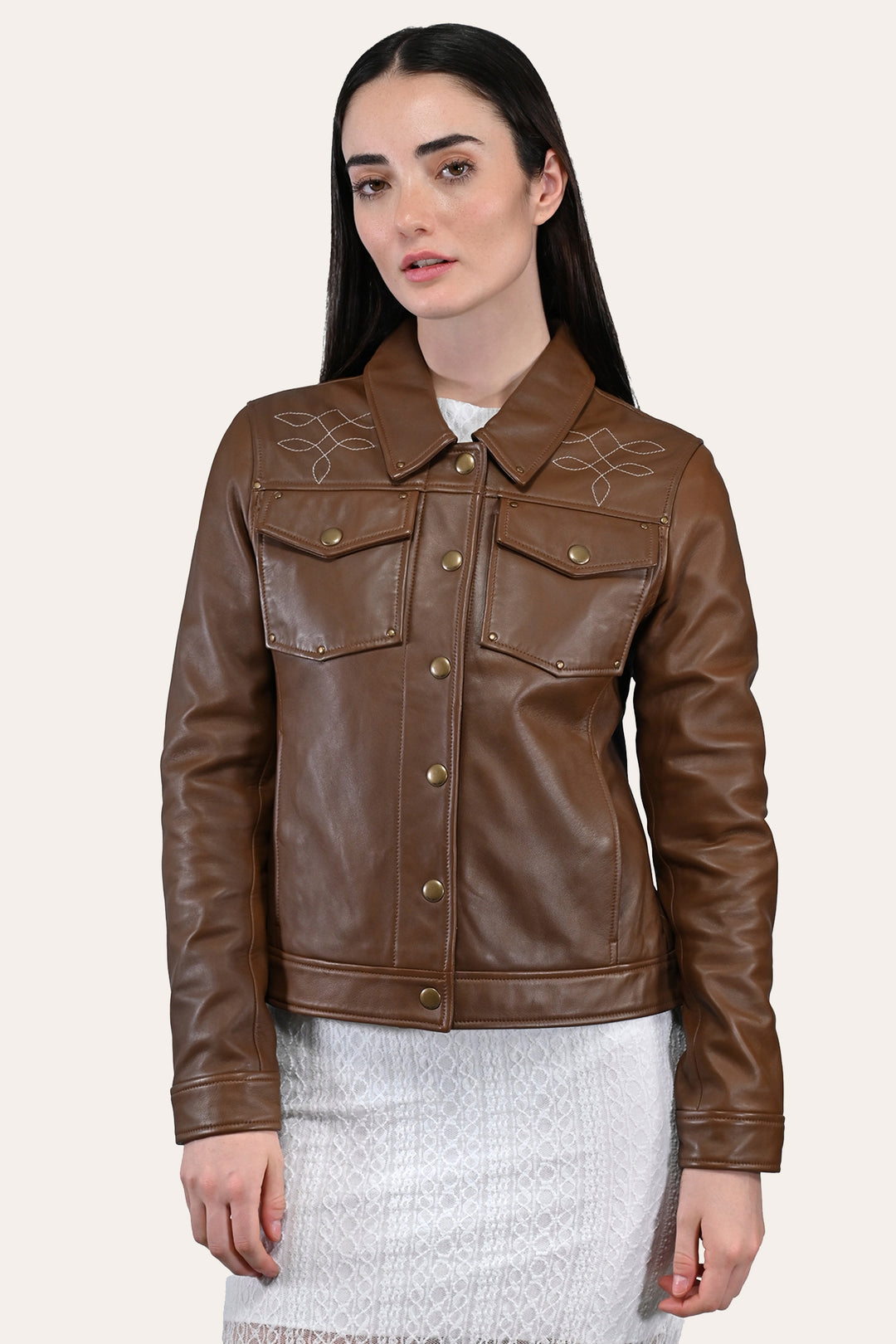 Frye Essential - Women’s Medium Brown Callum Trucker Leather Jacket