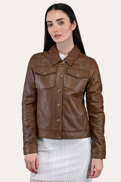 Frye Essential - Women’s Medium Brown Callum Trucker Leather Jacket