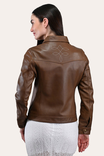 Frye Essential - Women’s Medium Brown Callum Trucker Leather Jacket
