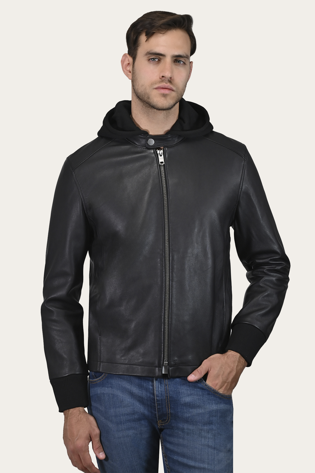 Frye Best Price - Men’s Black Saddle Racer Leather Hooded Jacket