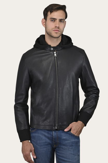Frye Best Price - Men’s Black Saddle Racer Leather Hooded Jacket