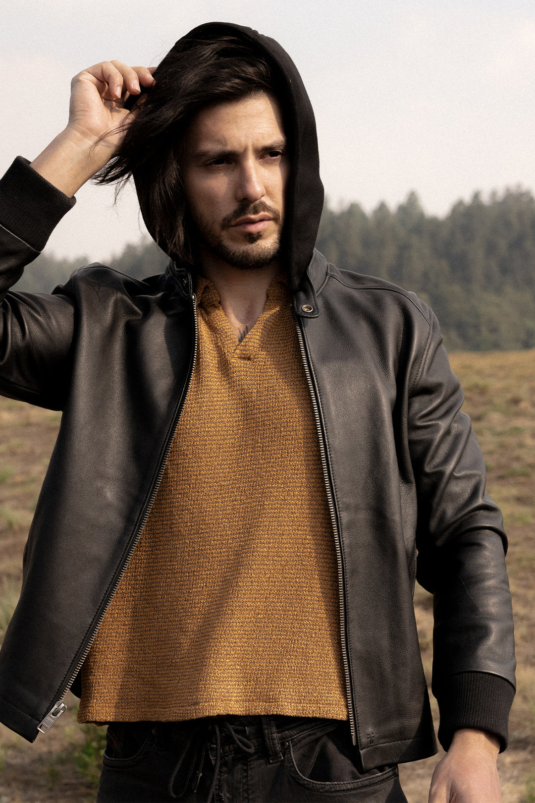 Frye Best Price - Men’s Black Saddle Racer Leather Hooded Jacket