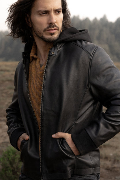 Frye Best Price - Men’s Black Saddle Racer Leather Hooded Jacket