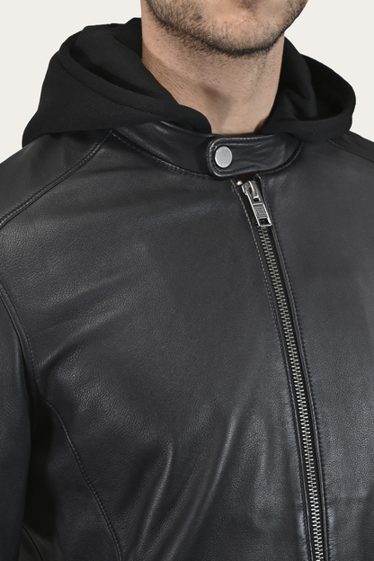 Frye Best Price - Men’s Black Saddle Racer Leather Hooded Jacket