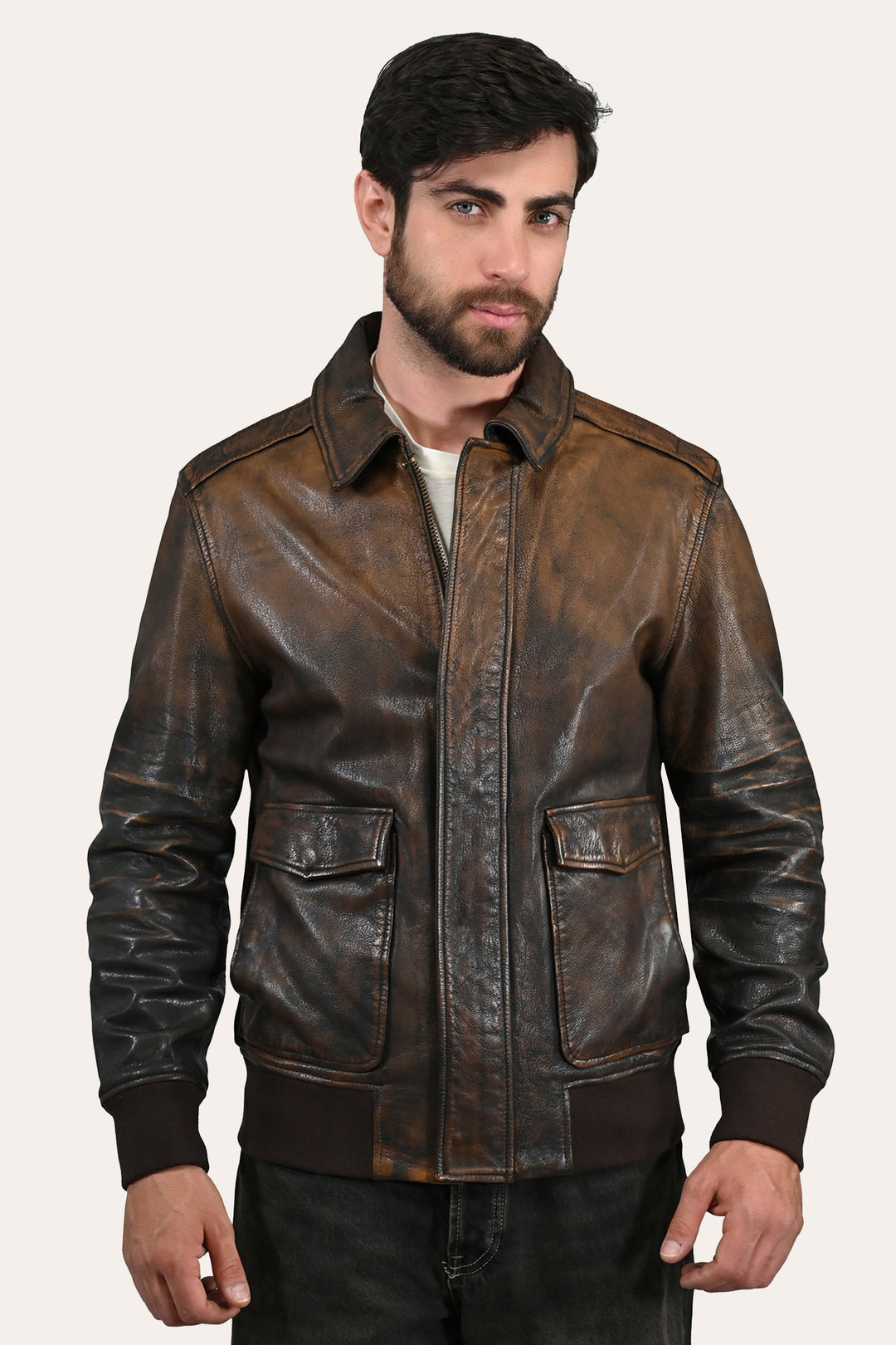 Frye Customer Favorite - Men’s Brown Beige Nebraska Bomber Leather Jacket