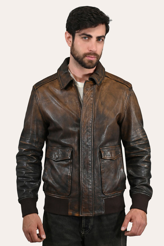 Frye Customer Favorite - Men’s Brown Beige Nebraska Bomber Leather Jacket