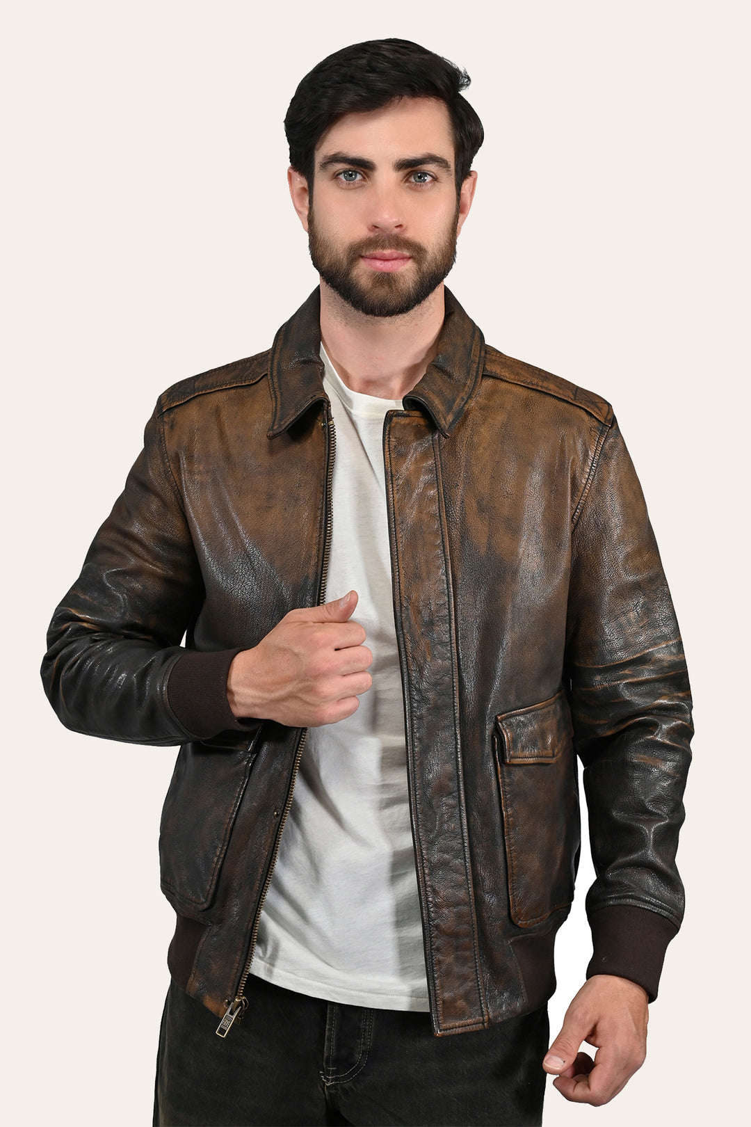 Frye Customer Favorite - Men’s Brown Beige Nebraska Bomber Leather Jacket